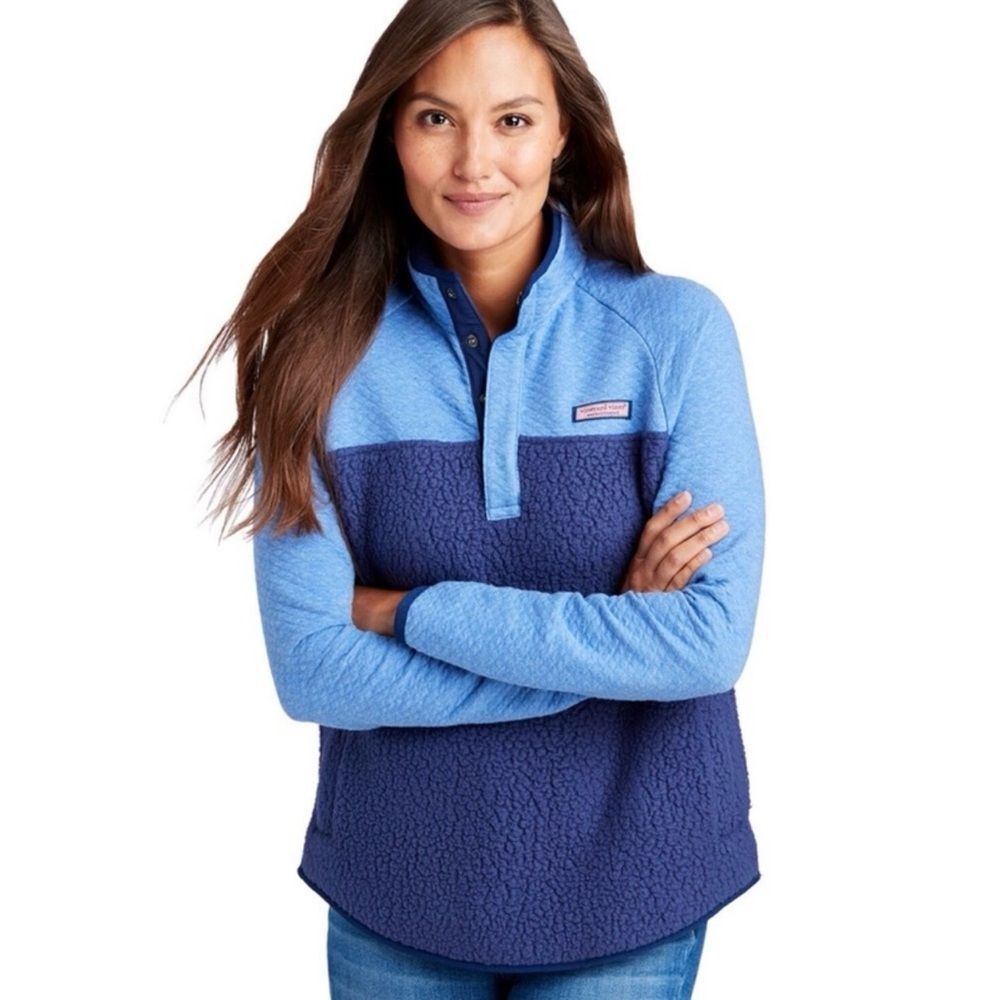 Vineyard Vines Size XS Mixed Media Blue Pullover Sherpa Shep Shirt Jacket